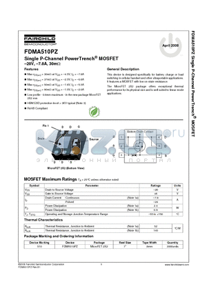 FDMA510PZ datasheet - Single P-Channel PowerTrench^ MOSFET -20V, -7.8A, 30mY