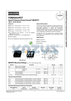 FDMA6023PZT datasheet - Dual P-Channel PowerTrench^ MOSFET -20 V, -3.6 A, 60 mY