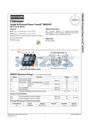 FDMA8884 datasheet - Single N-Channel Power Trench^ MOSFET 30 V, 6.5 A, 23 mY