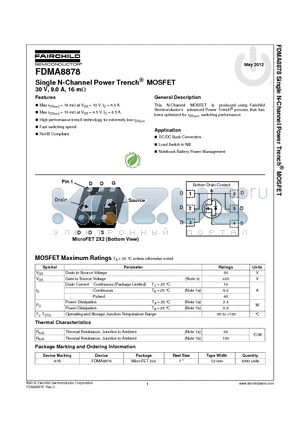 FDMA8878 datasheet - Single N-Channel Power Trench^ MOSFET 30 V, 9.0 A, 16 mY