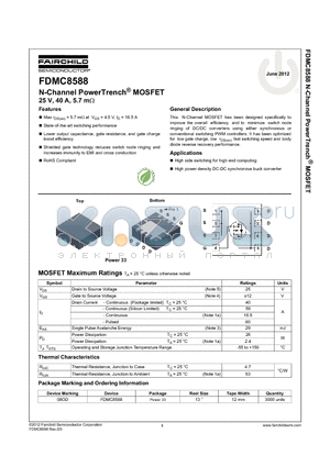 FDMC8588 datasheet - N-Channel PowerTrench^ MOSFET 25 V, 40 A, 5.7 mY