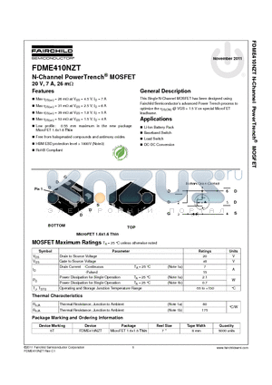 FDME410NZT datasheet - N-Channel PowerTrench^ MOSFET 20 V, 7 A, 26 mY