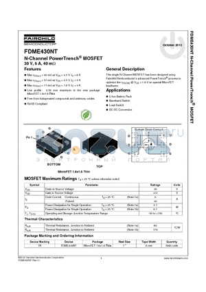 FDME430NT datasheet - N-Channel PowerTrench^ MOSFET 30 V, 6 A, 40 mY