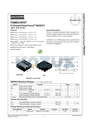 FDME510PZT datasheet - P-Channel PowerTrench^ MOSFET -20 V, -6 A, 37 mY