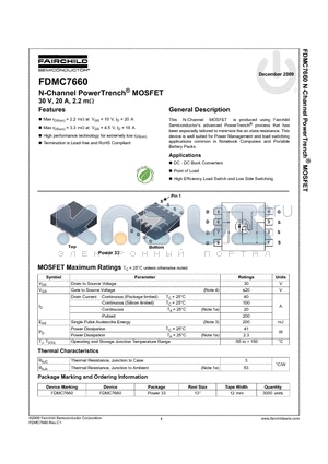 FDMC7660 datasheet - N-Channel PowerTrench^ MOSFET 30 V, 20 A, 2.2 mY