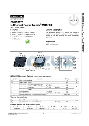 FDMC8878_12 datasheet - N-Channel Power Trench^ MOSFET 30V, 16.5A, 14m