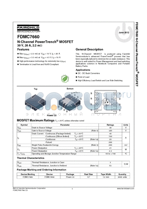 FDMC7660_12 datasheet - N-Channel PowerTrench^ MOSFET 30 V, 20 A, 2.2 mY