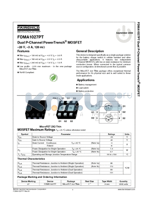 FDMA1027PT datasheet - Dual P-Channel PowerTrench^ MOSFET -20 V, -3 A, 120 mY