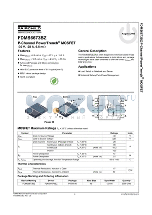 FDMS6673BZ datasheet - P-Channel PowerTrench^ MOSFET -30 V, -28 A, 6.8 m