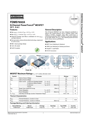 FDMS7692A datasheet - N-Channel PowerTrench^ MOSFET 30 V, 8 mY