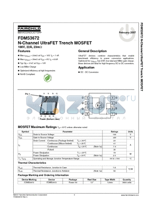 FDMS3672 datasheet - N-Channel UltraFET Trench MOSFET 100V, 22A, 23mohm