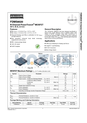 FDMS8020 datasheet - N-Channel PowerTrench^ MOSFET 30 V, 42 A, 2.5 mY