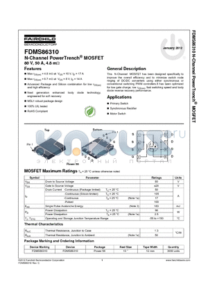 FDMS86310 datasheet - N-Channel PowerTrench^ MOSFET 80 V, 50 A, 4.8 mY