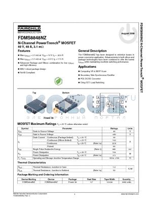 FDMS8848NZ datasheet - N-Channel PowerTrench^ MOSFET 40 V, 49 A, 3.1 mY