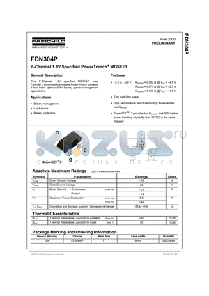 FDN304P datasheet - P-Channel 1.8V Specified PowerTrench MOSFET