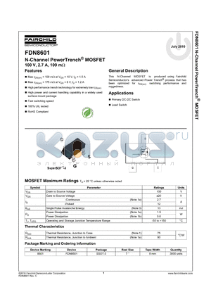 FDN8601 datasheet - N-Channel PowerTrench^ MOSFET 100 V, 2.7 A, 109 m