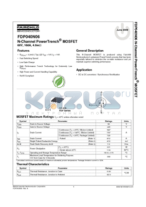 FDP040N06 datasheet - N-Channel PowerTrench^ MOSFET 60V, 168A, 4.0mY