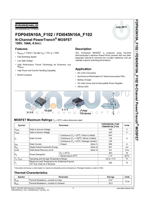 FDP045N10A datasheet - N-Channel PowerTrench^ MOSFET 100V, 164A, 4.5m
