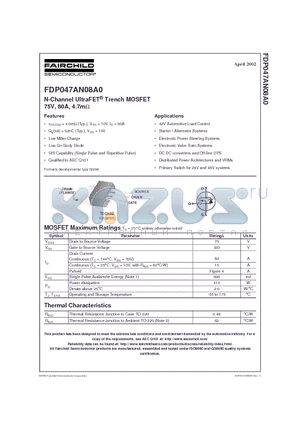 FDP047AN08A0 datasheet - N-Channel UltraFET Trench MOSFET 75V, 80A, 4.7m