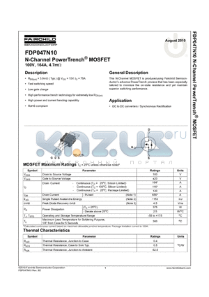 FDP047N10 datasheet - N-Channel PowerTrench MOSFET 100V, 164A, 4.7mOHM