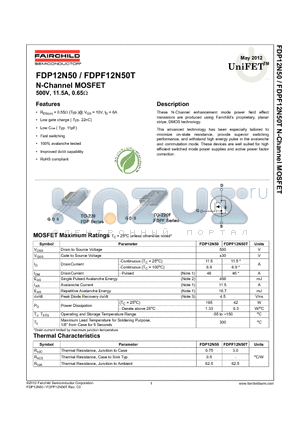 FDP12N50_12 datasheet - N-Channel MOSFET 500V, 11.5A, 0.65Y