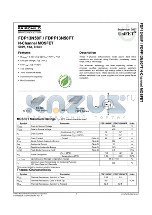 FDP13N50F datasheet - N-Channel MOSFET 500V, 12A, 0.54Y