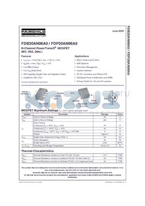 FDP20AN06A0 datasheet - N-Channel PowerTrench^ MOSFET 60V, 45A, 20m
