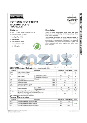 FDP15N40 datasheet - N-Channel MOSFET 400V, 15A, 0.3Y