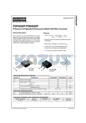 FDP4020P datasheet - P-Channel 2.5V Specified Enhancement Mode Field Effect Transistor