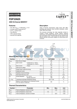 FDP33N25 datasheet - 250V N-Channel MOSFET