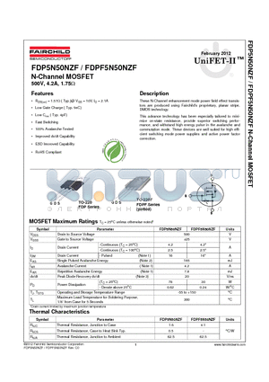 FDP5N50NZF datasheet - N-Channel MOSFET 500V, 4.2A, 1.75Y