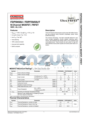 FDP5N50U_12 datasheet - N-Channel MOSFET, FRFET 500V, 4A, 2.0Y