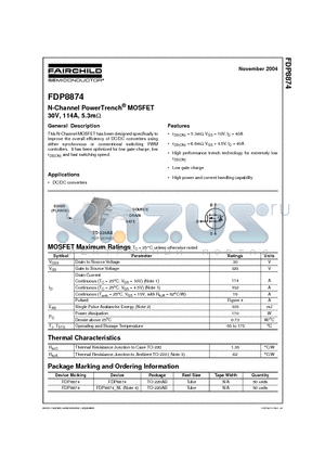 FDP8874 datasheet - N-Channel PowerTrench MOSFET