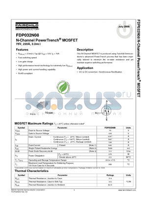 FDP032N08 datasheet - N-Channel PowerTrench^ MOSFET 75V, 235A, 3.2mY