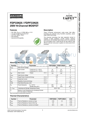 FDPF33N25 datasheet - 250V N-Channel MOSFET