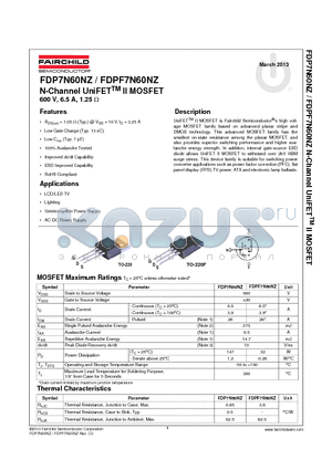 FDPF7N60NZ datasheet - N-Channel UniFETTM II MOSFET