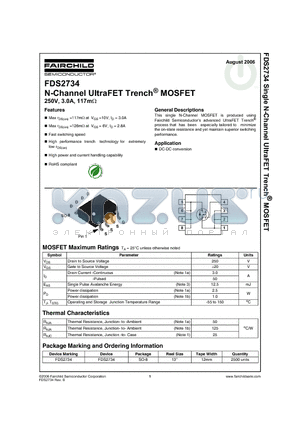 FDS2734 datasheet - N-Channel UItraFET Trench MOSFET 250V, 3.0A, 117mohm