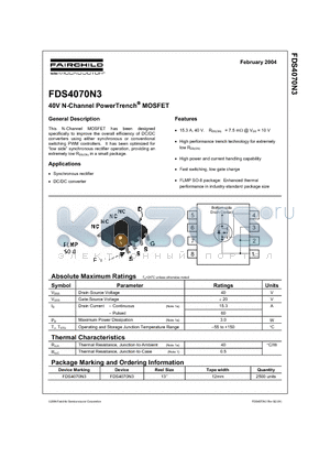 FDS4070N3 datasheet - 40V N-Channel PowerTrench MOSFET