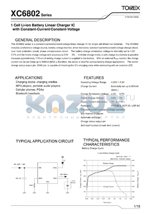 XC6802A42XMR-G datasheet - 1 Cell Li-ion Battery Linear Charger IC with Constant-Current/Constant-Voltage