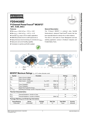 FDS4435BZ datasheet - P-Channel PowerTrench^ MOSFET -30V, -8.8A, 20mY