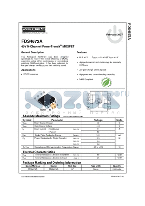 FDS4672A datasheet - 40V N-Channel PowerTrench^ MOSFET