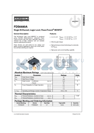 FDS6680A_12 datasheet - Single N-Channel, Logic Level, PowerTrench^ MOSFET