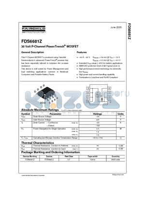 FDS6681Z datasheet - 30 Volt P-Channel PowerTrench MOSFET