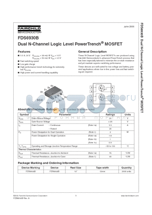 FDS6930B datasheet - Dual N-Channel Logic Level PowerTrench MOSFET