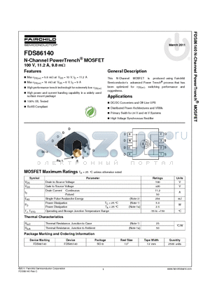 FDS86140 datasheet - N-Channel PowerTrench^ MOSFET 100 V, 11.2 A, 9.8 mY