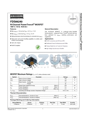 FDS86240 datasheet - N-Channel PowerTrench^ MOSFET 150 V, 7.5 A, 19.8 mY