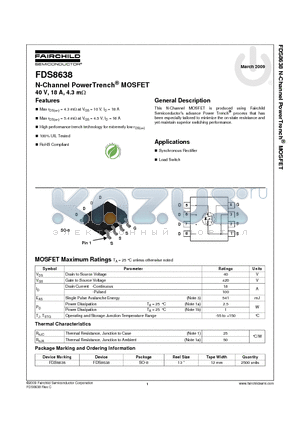 FDS8638 datasheet - N-Channel PowerTrench^ MOSFET 40 V, 18 A, 4.3 mY