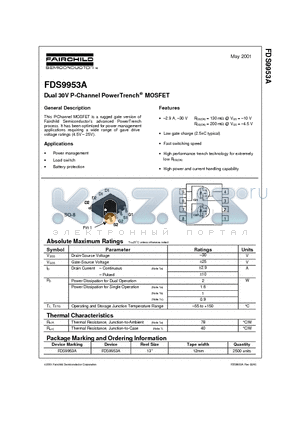 FDS9953A datasheet - Dual 30V P-Channel PowerTrench MOSFET