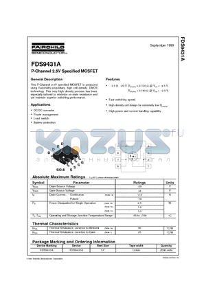 FDS9431 datasheet - P-Channel 2.5V Specified MOSFET
