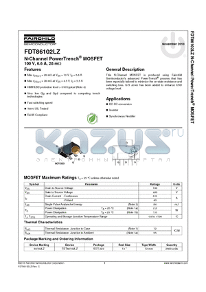 FDT86102LZ datasheet - N-Channel PowerTrench^ MOSFET 100 V, 6.6 A, 28 mY